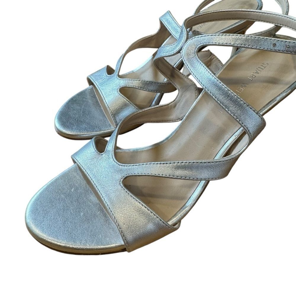 Revolve Stuart Weitzman Mariposa Silver Leather Sandals Heels NWOT - Picture 10 of 10